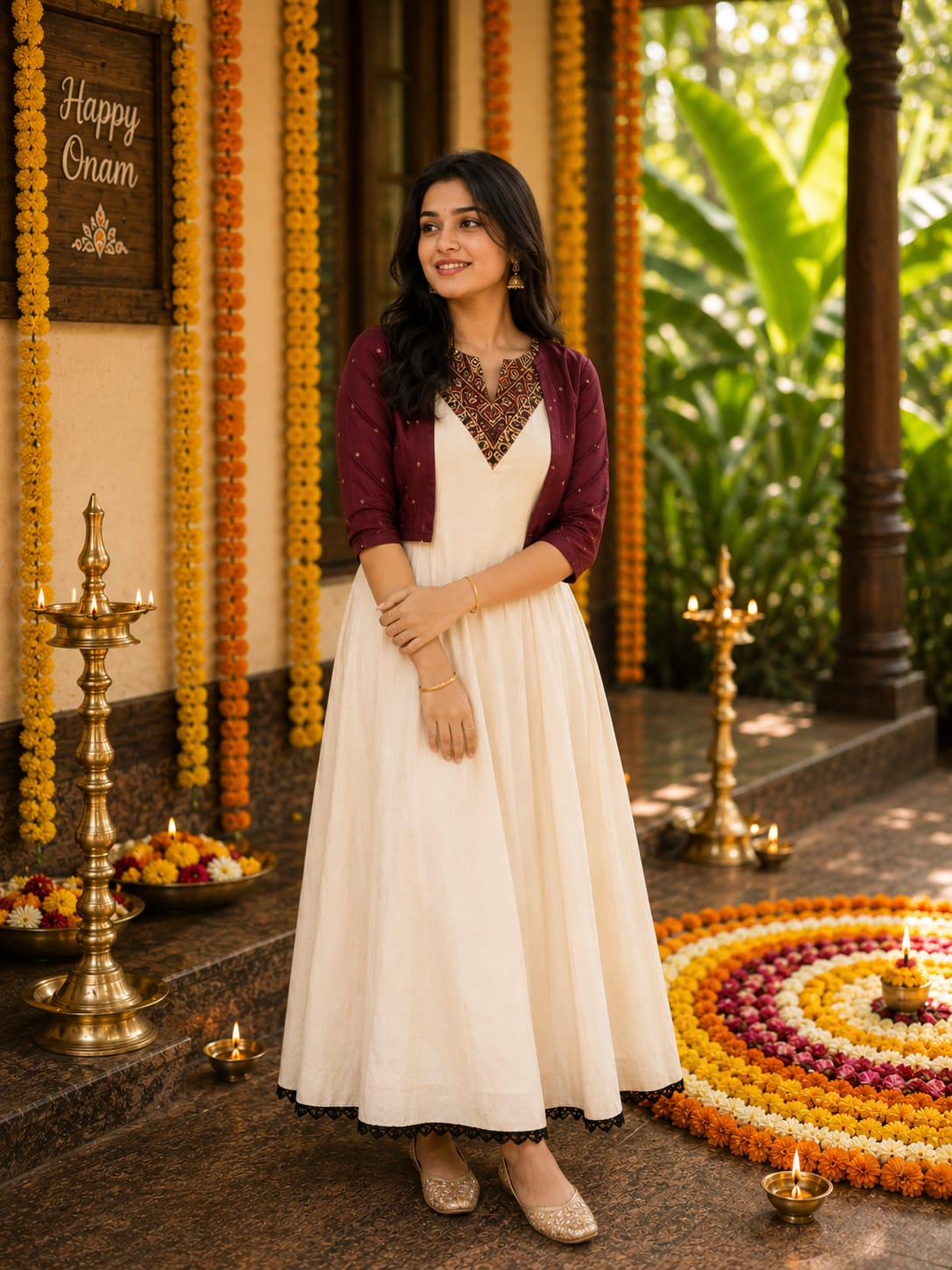 Neithika Ivory Anarkali Dress with Maroon Cropped Jacket – Onam Edition