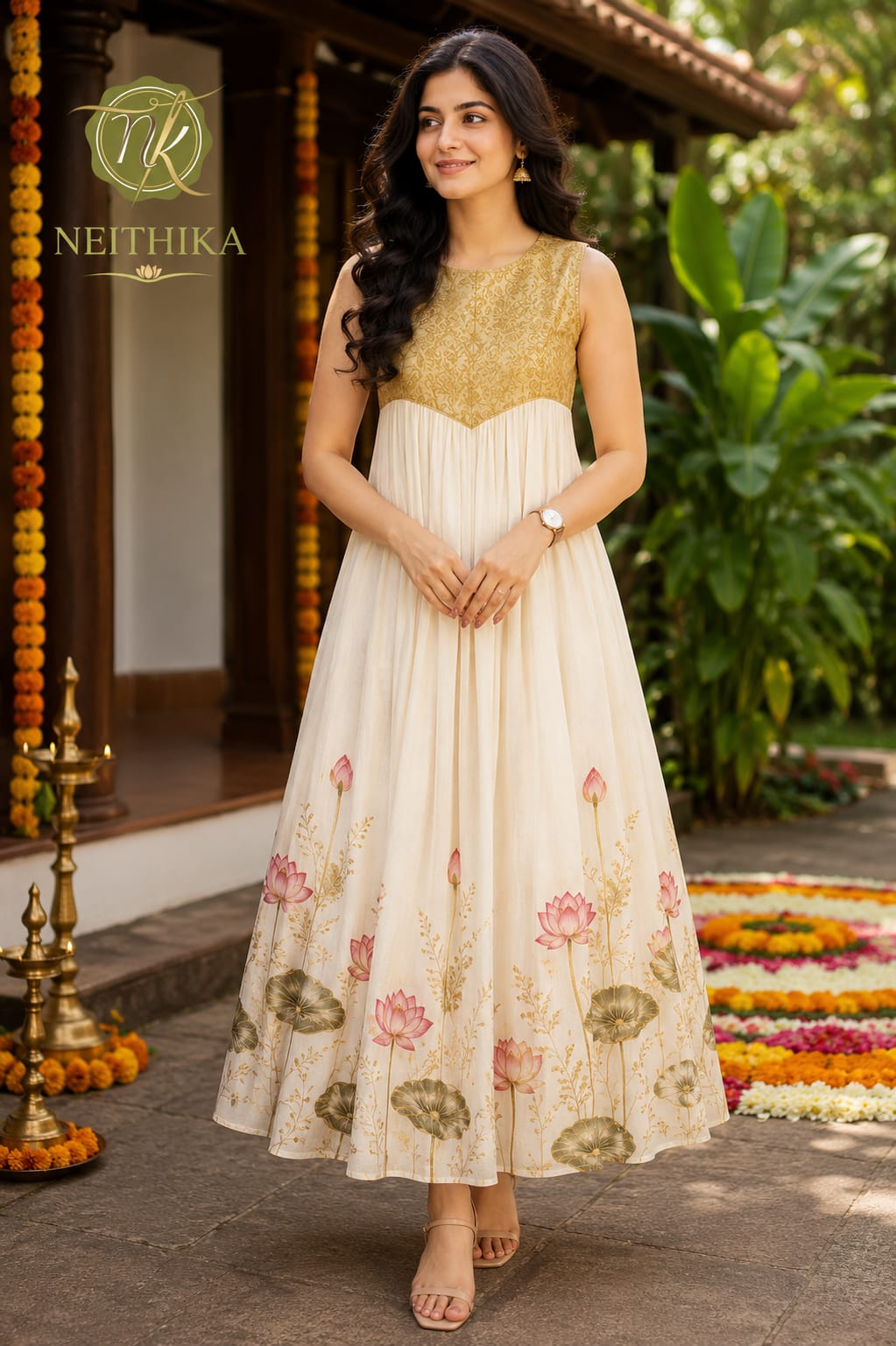 Mustard Yoke White Cotton Dress with Lotus Print (Onam Edition)